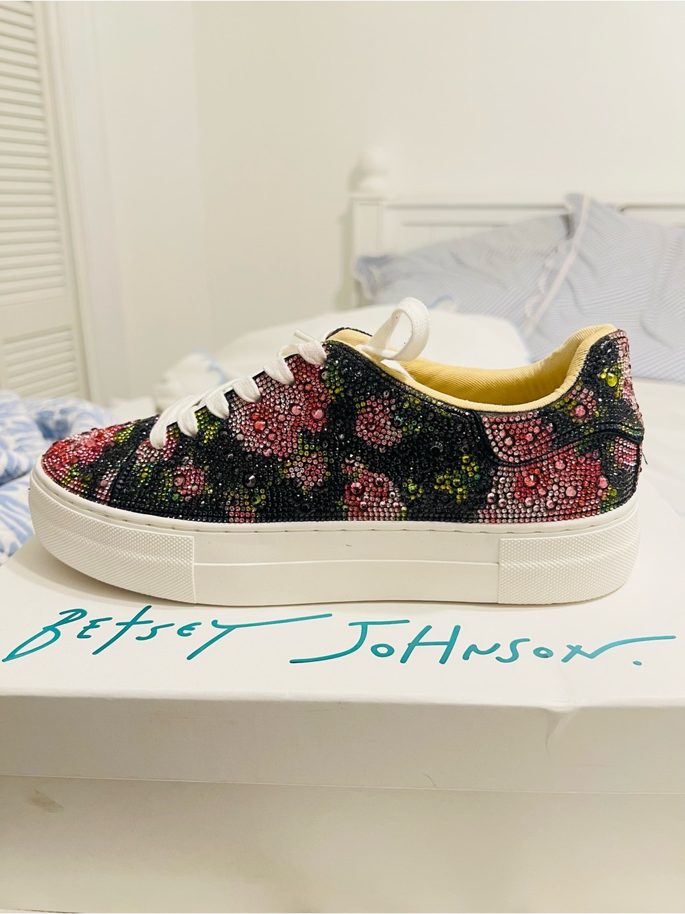 Betsey Johnson SB SINDEY Black Floral Crystal Platform Sneakers - Picture 3 of 13
